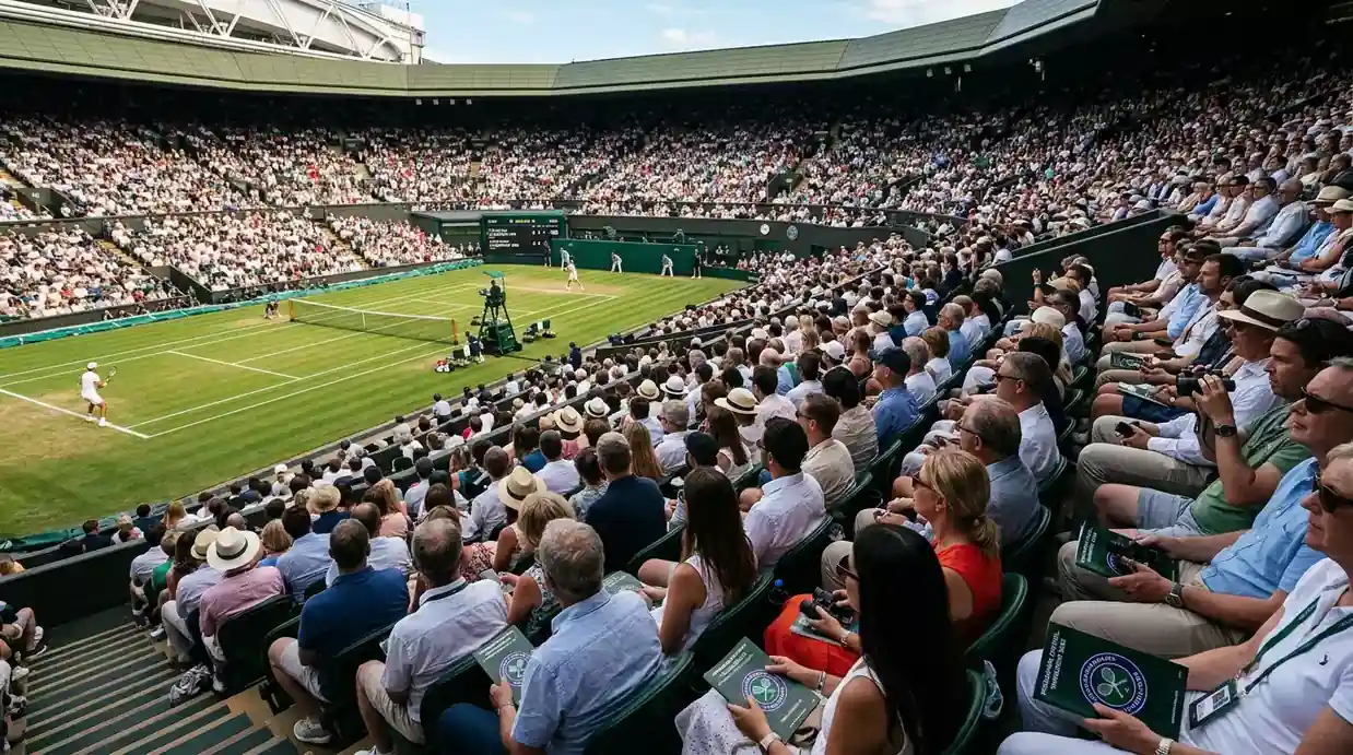 Spectateurs suivant un match de tennis en direct à Wimbledon avec écran de scores