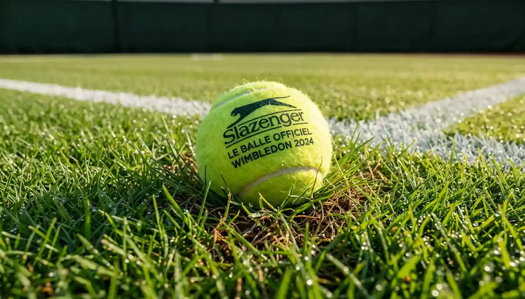 Court de tennis sur gazon avec marquages blancs et rebond de balle bas à Wimbledon